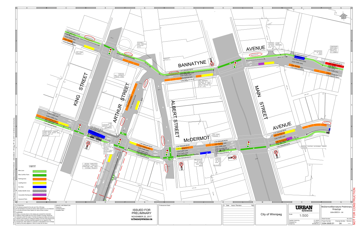 The city’s design for lights and no-right-turns in the Exchange District.