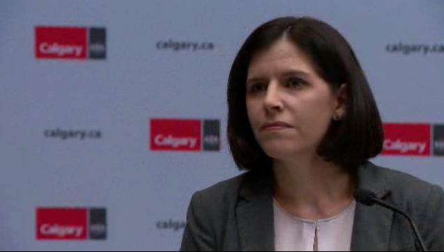 Brandy MacInnis, senior special projects officer at the City of Calgary, explains the cannabis store approval process at a news conference July 30,2018
