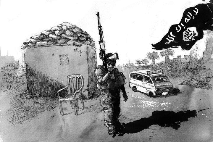 Molly Crabapple’s illustration of the ISIS-controlled city of Raqqa, Syria, based on the photos and stories of journalist Marwan Hisham.
