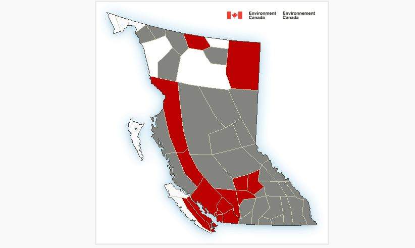 Heat warnings (red) and air quality advisories (grey) across B.C. on Friday, July 27.