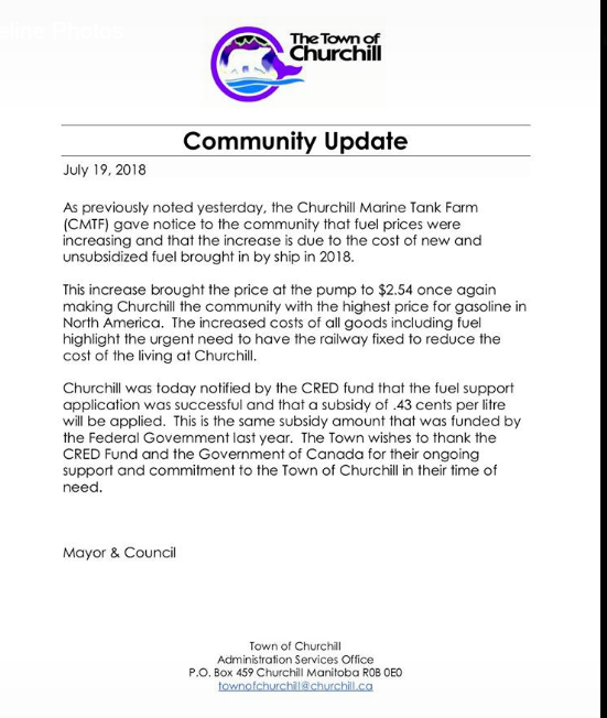 A Town of Churchill notice talking about the rise in fuel prices.