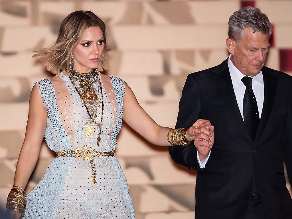 Katharine McPhee and David Foster leave the Met Gala on May 7, 2018 in New York City.