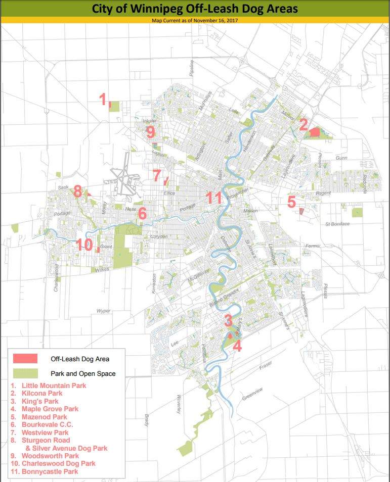 This map on the City of Winnipeg website shows the current locations of off-leash dog parks.