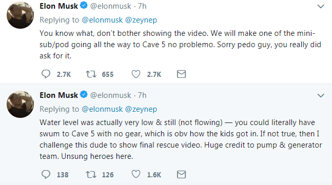 Screenshot of two tweets published by Elon Musk on before being deleted on Sunday, July 15, 2018.