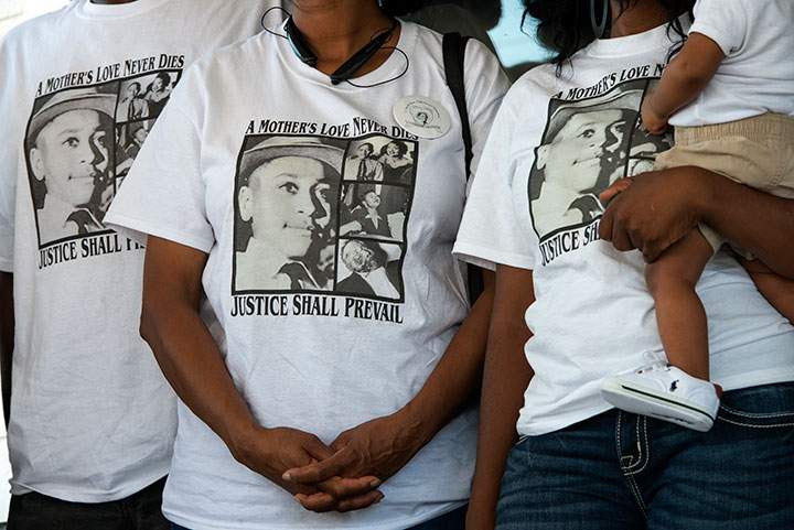 Descendants of Emmett Till gather outside of an old service station in Money, Mississippi on August 29, 2015.