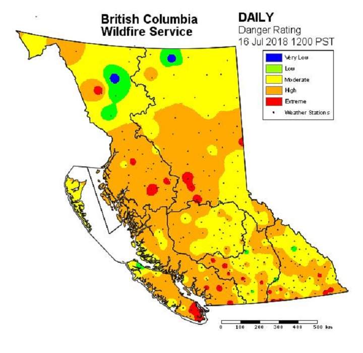 The provincial fire danger rating map from Monday, July 16, 2018.