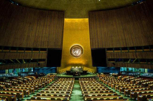 The empty chamber of the General Assembly at the United Nations.