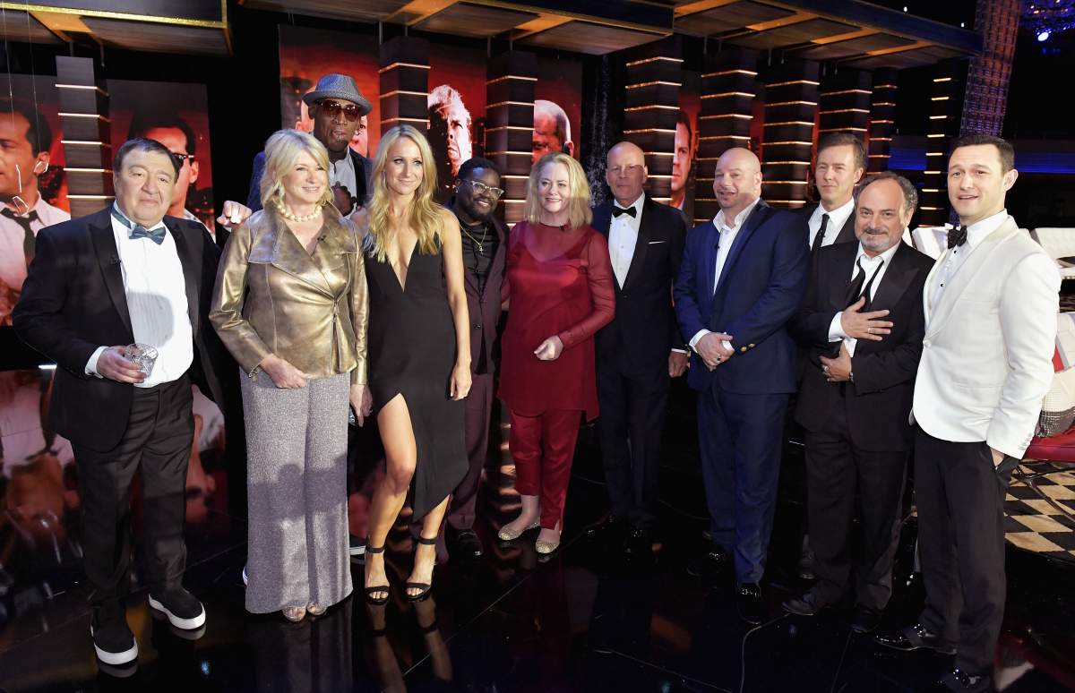 LOS ANGELES, CA – JULY 14: (L-R) Dom Irrera, Martha Stewart, Dennis Rodman, Nikki Glaser, Lil Rel Howery, Cybill Shepherd, Bruce Willis, Jeff Ross, Edward Norton, Kevin Pollak, and Joseph Gordon-Levitt pose onstage during the Comedy Central Roast of Bruce Willis at Hollywood Palladium on July 14, 2018 in Los Angeles, California. (Photo by Neilson Barnard/VMN18/Getty Images For Comedy Central)