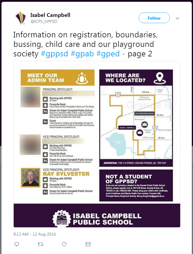 A screenshot of a tweet that lists Ray Sylvester as one of two vice principals at Isabel Campbell Public School in Grande Prairie.