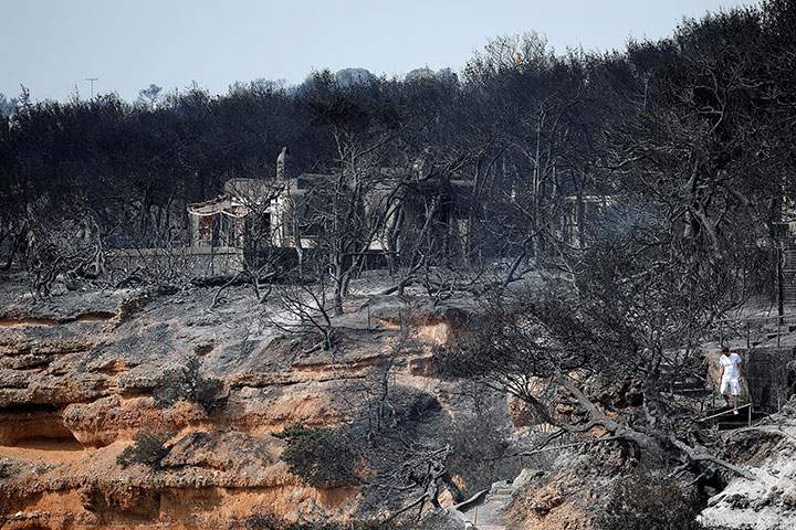 A local walks on a burnt slope following a wildfire at the village of Mati, near Athens, Greece, July 24, 2018.