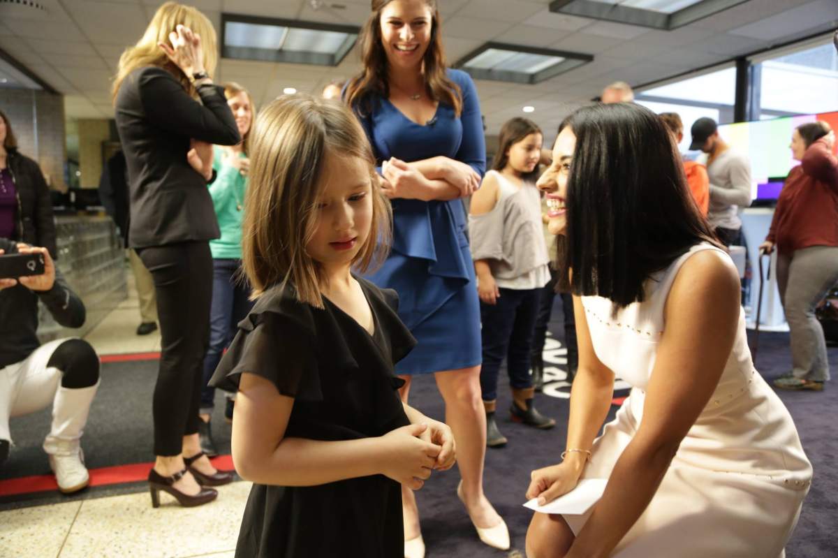 Sonia Sunger and some of the participants on Global News Morning BC's first haircut donation day in 2017.