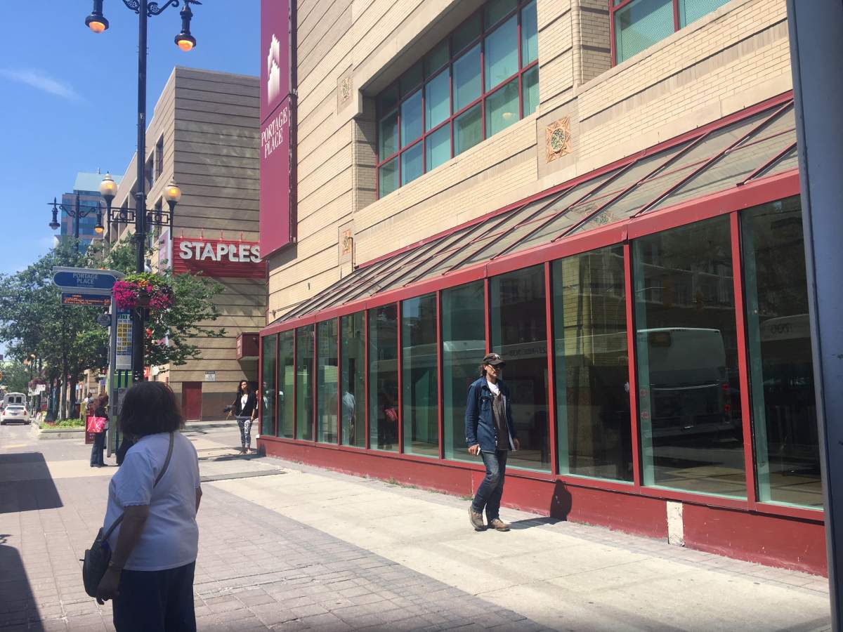 The heated bus shelter at Portage Place Shopping Centre.