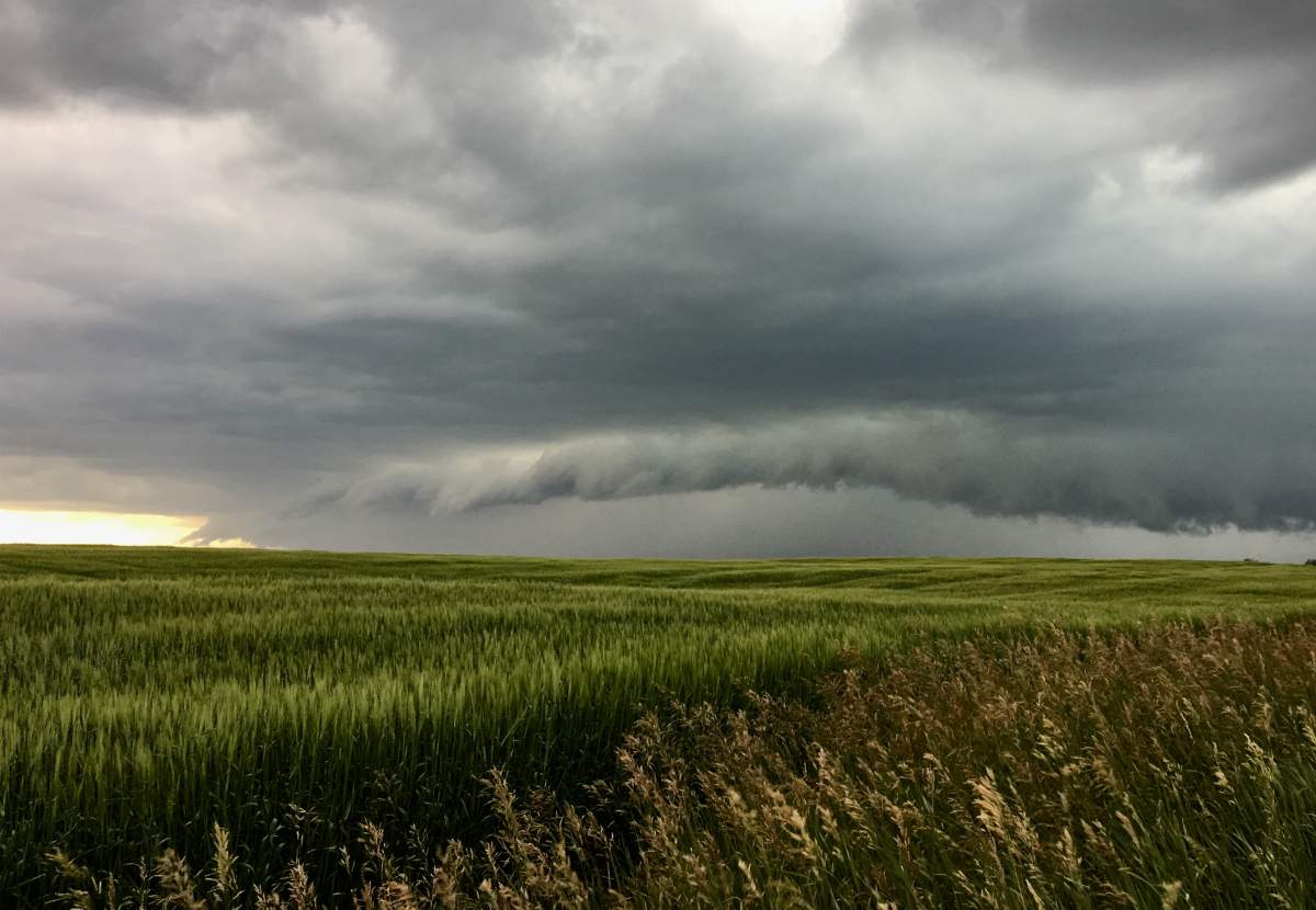 Cloudy skies can be seen west of Airdrie as a thunderstorm approaches on July 23.