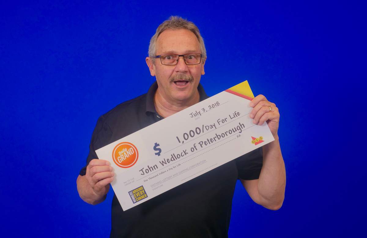 John Wedlock of Peterborough won the $1,000 a day for life grand prize in the June 28th Daily Grand draw.