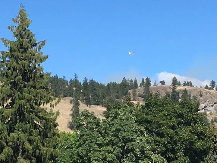 A helicopter buckets water on a grass fire on Knox Mountain in Kelowna.