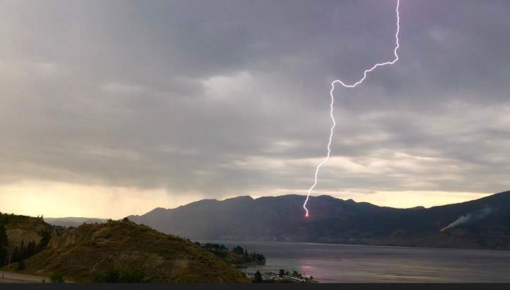 Lightning strikes in the Okanagan in the summer of 2018. The BC Wildfire Service says it has been called to multiple new wildfires in the province's northwest that are believed to have been sparked by lightning strikes.