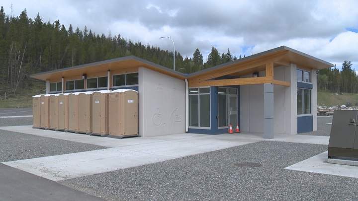 The washrooms, including temporary porta-potties, at the Loon Lake rest area on Highway 97C.
