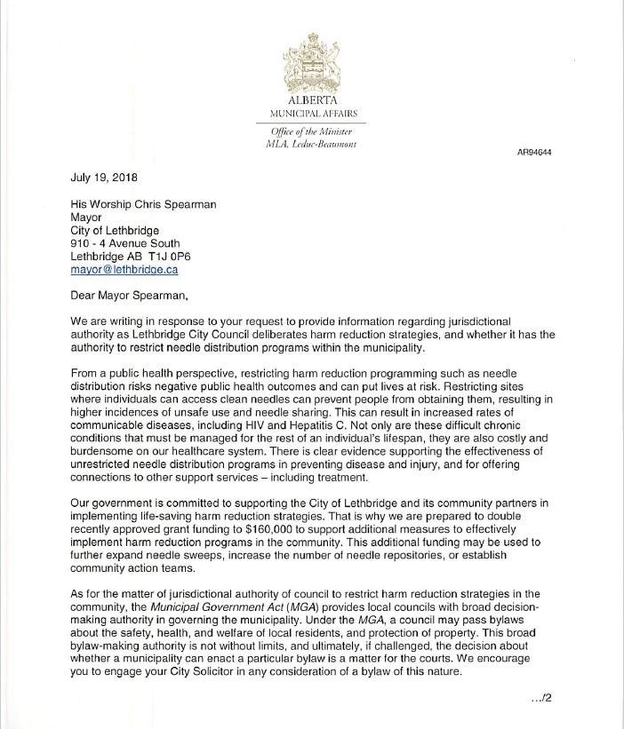 Alberta Health Minister’s letter to Mayor Spearman