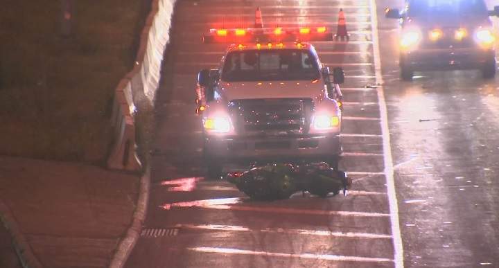 The motorcyclist hit a concrete wall and was thrown off his bike on Highway 40 in Montreal on Saturday, July 14, 2018. (Courtesy TVA)