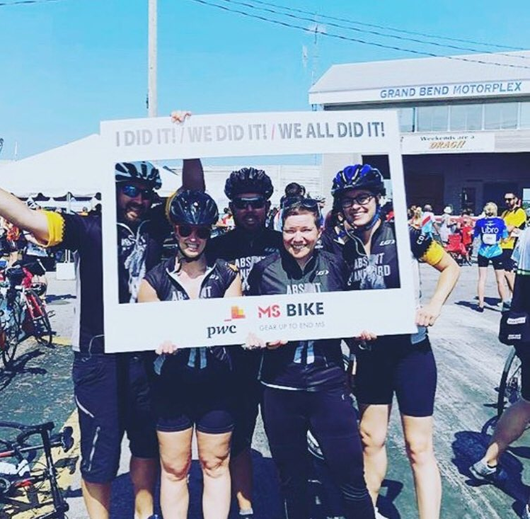 Team Dunner takes a photo after crossing the finish line in Grand Bend Sunday. The team includes FM 96's Dunner (second from the right), 980 CFPL's Liny Lamberink (far right) and Kim and Mark from Fresh mornings (far left and second from the left).