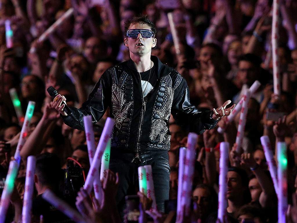 Muse lead singer Matthew Bellamy performs at the Rock in Rio Lisboa 2018 music festival in Lisbon, Portugal on June 23, 2018.