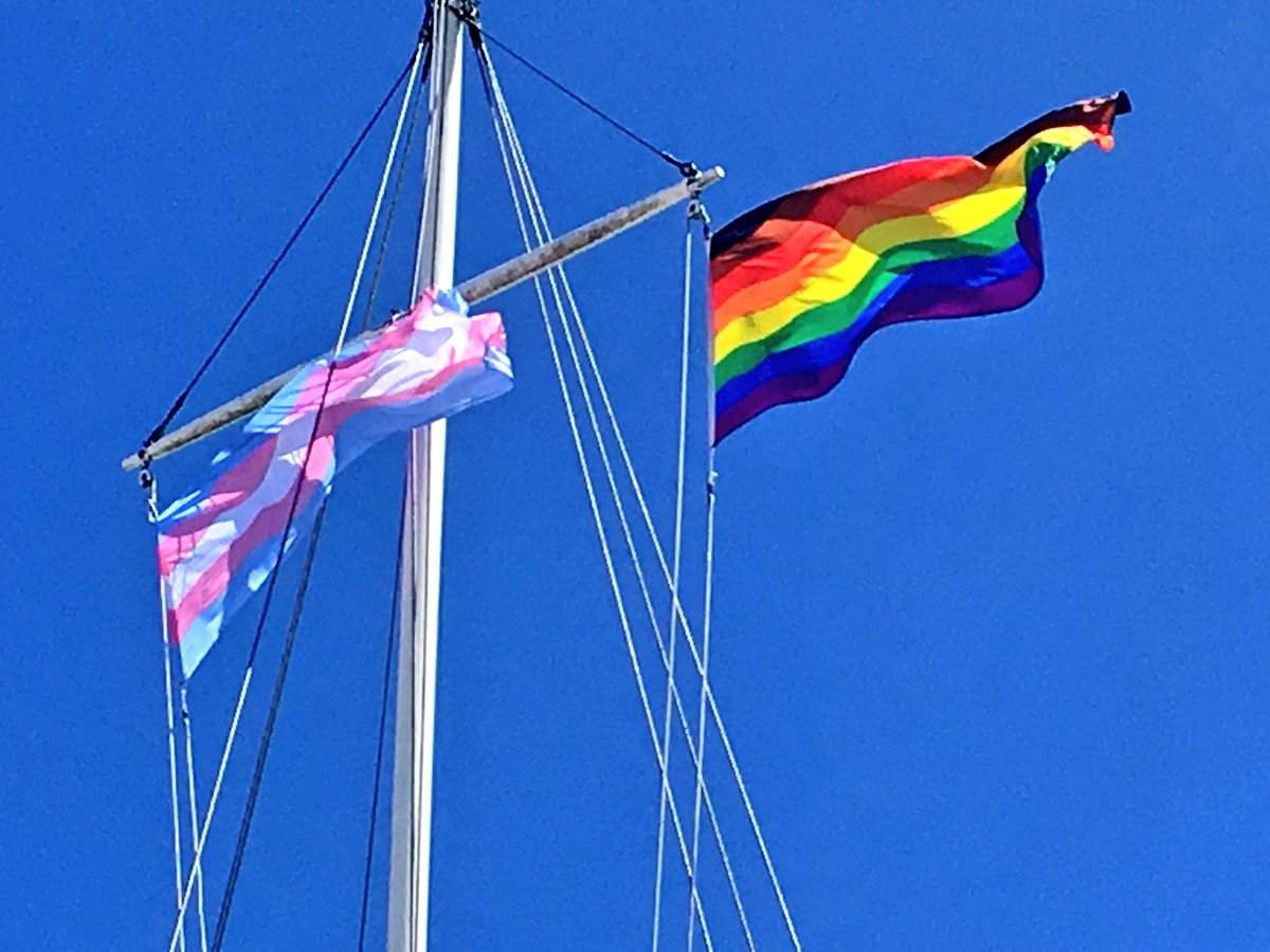 The transgender pride flag and the pride flag pictured in Halifax on July 12, 2018.