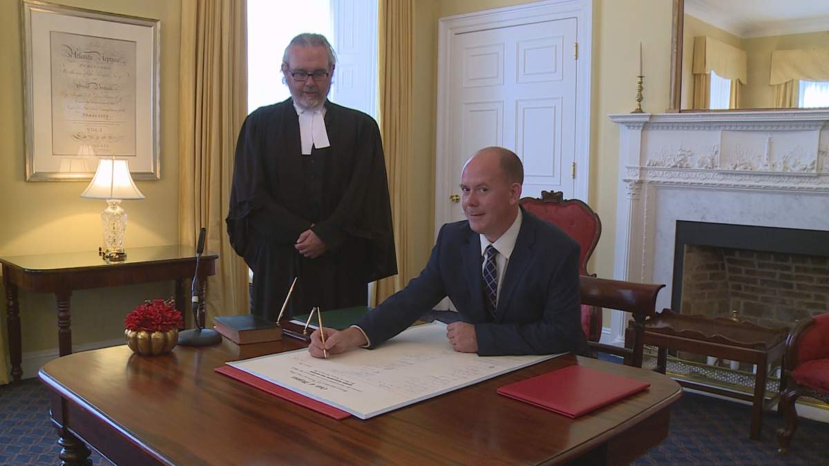 Tory Rushton, who recently won the byelection in Nova Scotia's Cumberland South, is sworn in at Province House on Wednesday, July 18, 2018. 