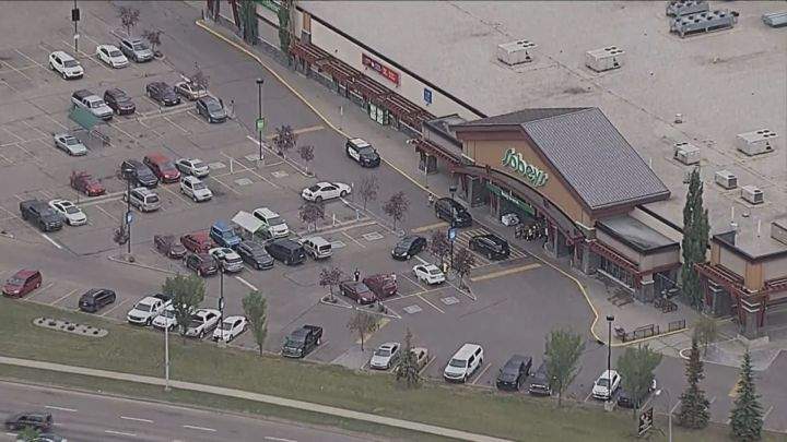 Edmonton police vehicles are seen in front of a Sobeys grocery store in Mill Woods on July 19, 2018. 