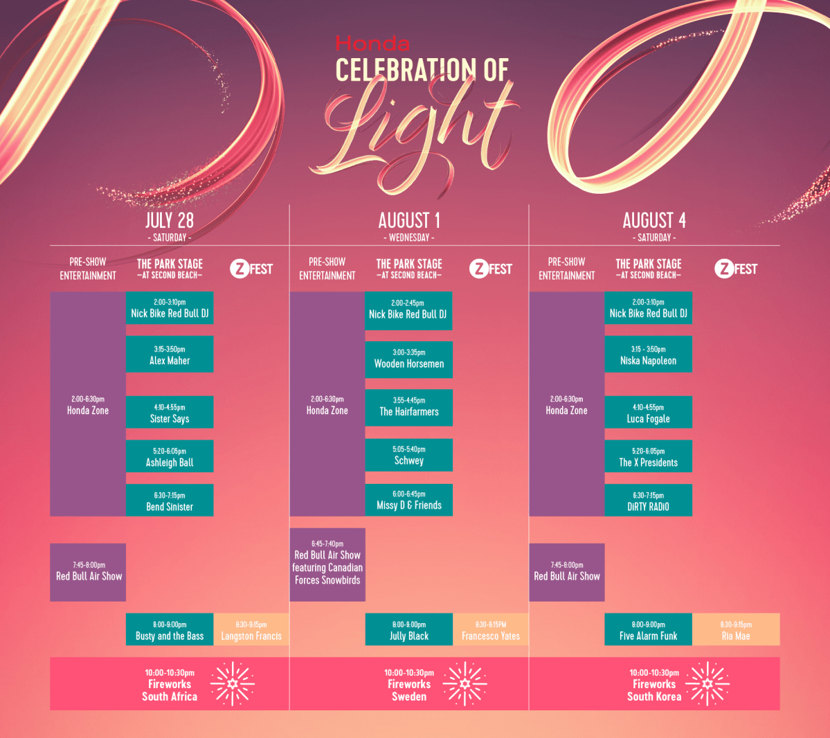 Schedule for the Second Beach stage.