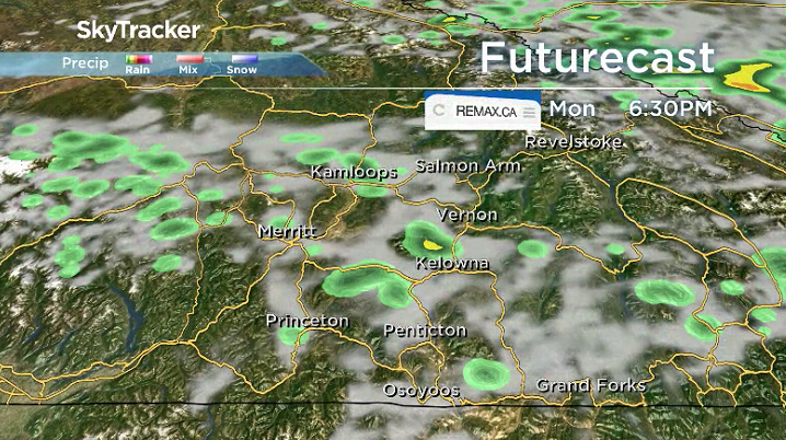 There is a slight chance of showers and risk of a thunderstorm late Monday in the Okanagan.
