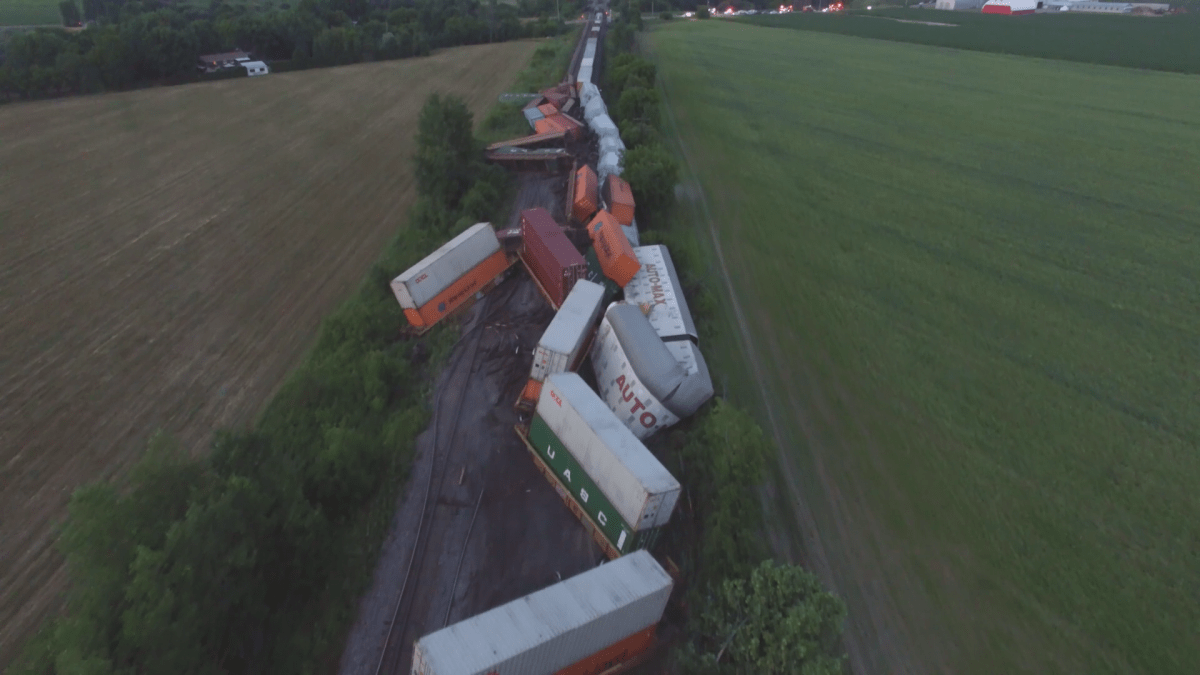 A Canadian Pacific freight train derailed in Saint-Polycarpe, west of Montreal on Monday, July 16, 2018. 