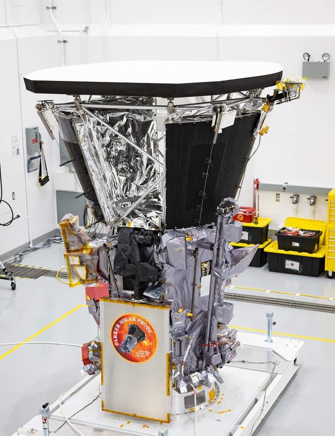 Parker Solar Probe sits in a clean room on July 6, 2018, at Astrotech Space Operations in Titusville, Florida, after the installation of its heat shield.