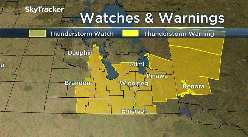 Severe thunderstorm watches issued by Environment and Climate Change Canada Thursday morning.