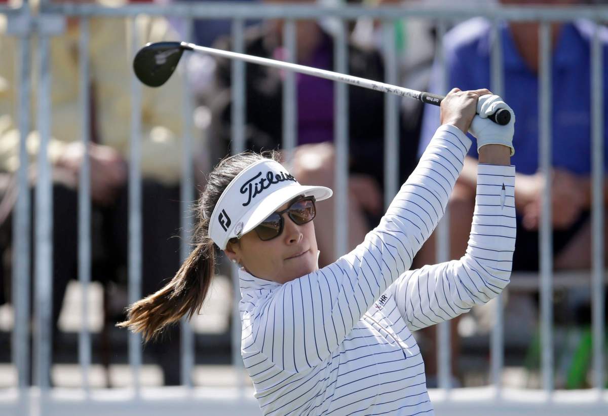 Mariajo Uribe tees off on the first hole during the final round of a LPGA golf tournament on Sunday, March 18, 2018, in Phoenix.