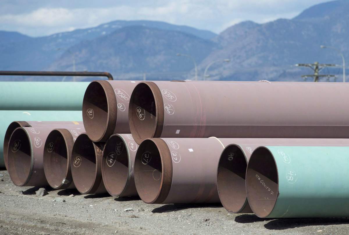 Pipes are seen at the pipe yard at the Transmountain facility in Kamloops, B.C., Monday, March 27, 2017.