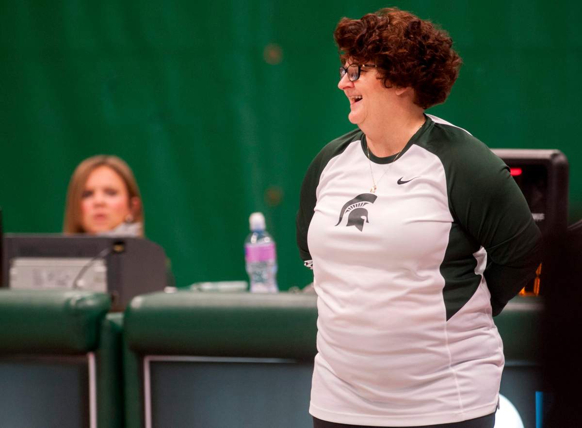 In this Feb. 19, 2016 file photo, former Michigan State University gymnastics head coach Kathie Klages reacts during the womens gymnastic's meet in East Lansing, Mich. 