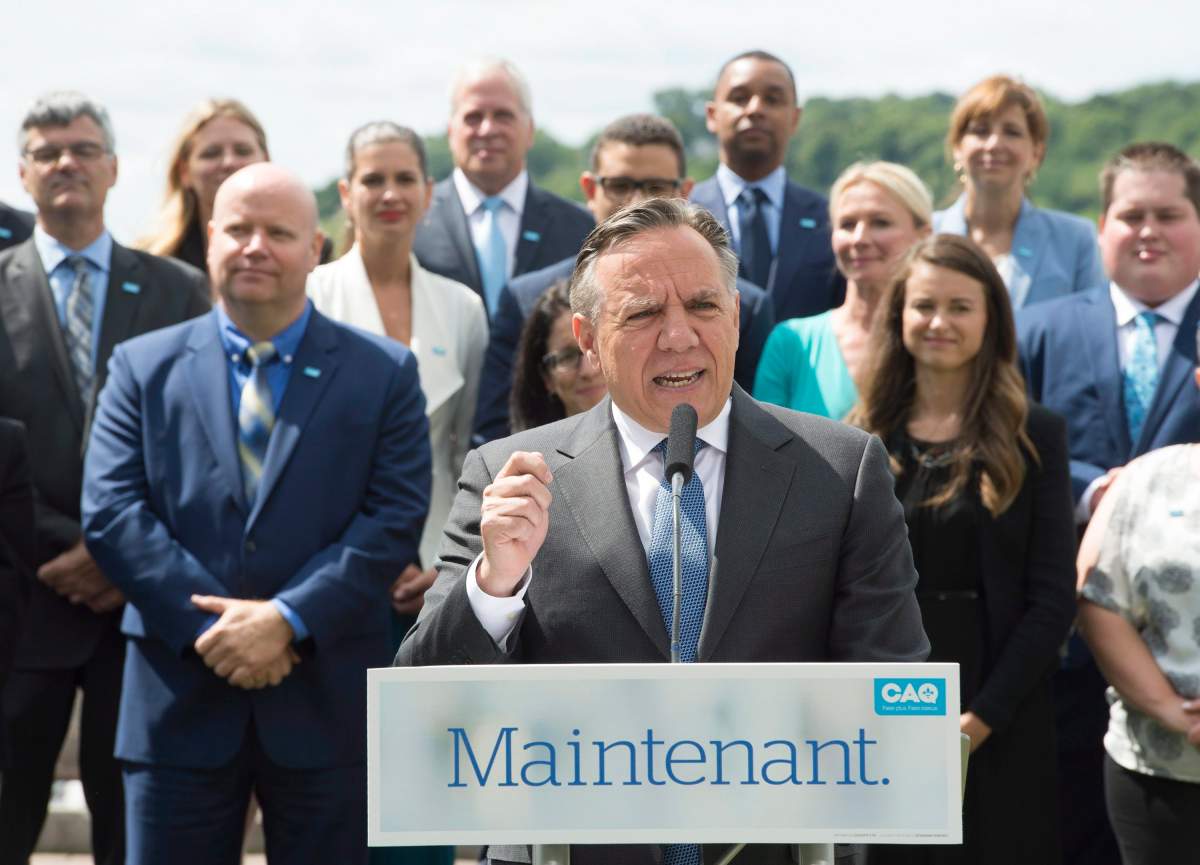 Coalition Avenir Quebec Leader Francois Legault speaks to reporters at a news conference to launch his election campaign, Thursday, August 23, 2018, in Quebec City. 