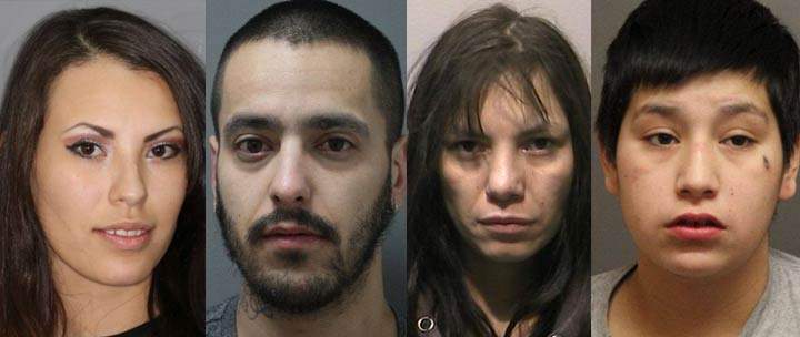 Saskatoon police have issued arrest warrants for Kenisha Ahenakew (left), Bobby Leibel (centre-left), Lindsay Okemow (centre-right) and Raylene Sewap (right).