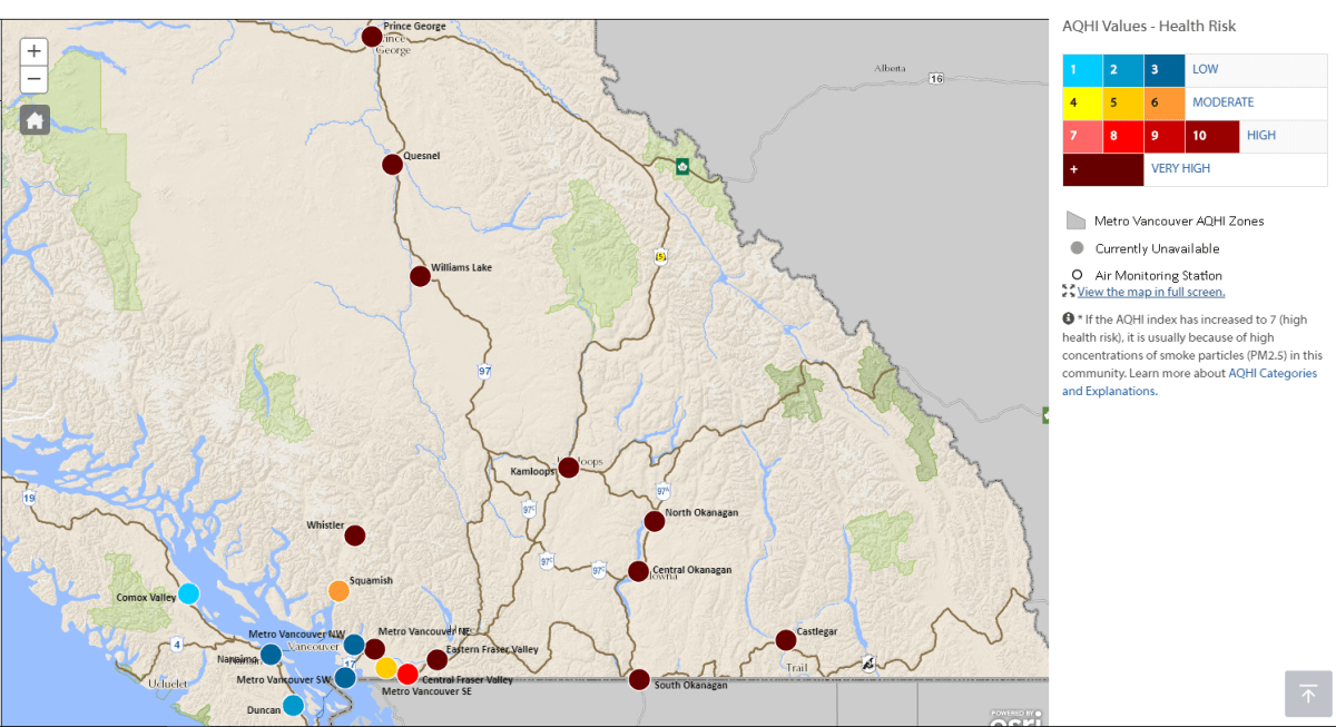 Air Quality Health Index readings in B.C. on Sunday, Aug. 19.