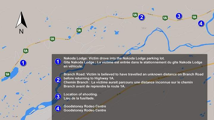 A map created by the RCMP that shows important points from the incident where a German tourist was shot while travelling on Highway 1A in southern Alberta.