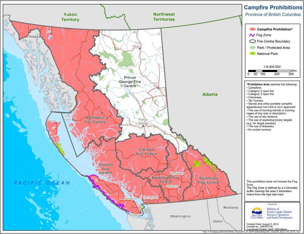 A map of campfire bans across B.C. as of August 9. 