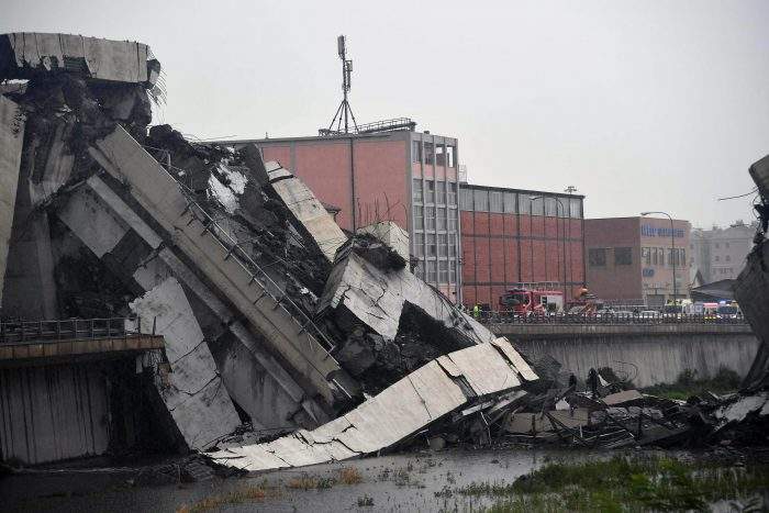 A large section of the Morandi viaduct upon which the A10 motorway runs collapsed in Genoa, Italy, 14 August 2018.