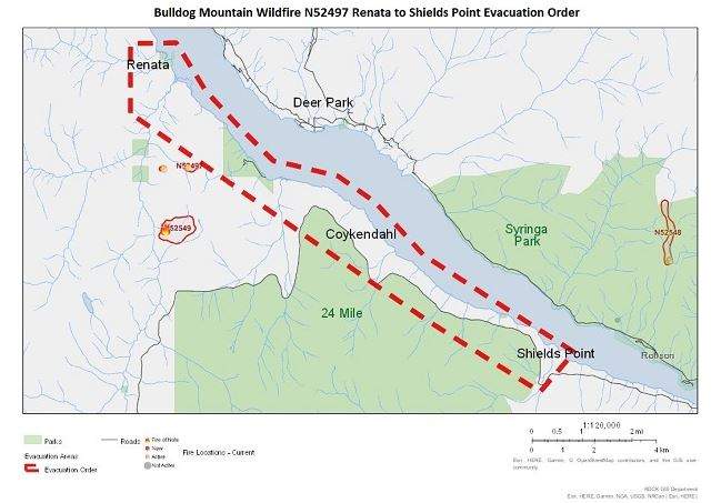 Evacuation zone due to Bulldog Mountain fire, Aug. 22, 2018.