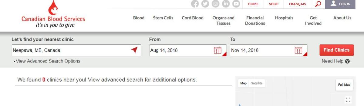 The ‘locator’ feature on the CBS website shows no available clinics for some rural donors.