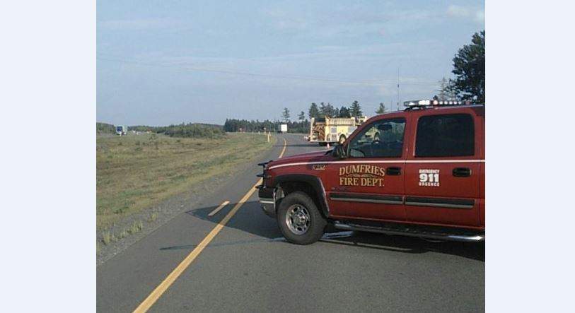The Dumfries Volunteer Fire Department attends a chemical spill on the Trans-Canada Highway on Tuesday, Aug. 28, 2018. 