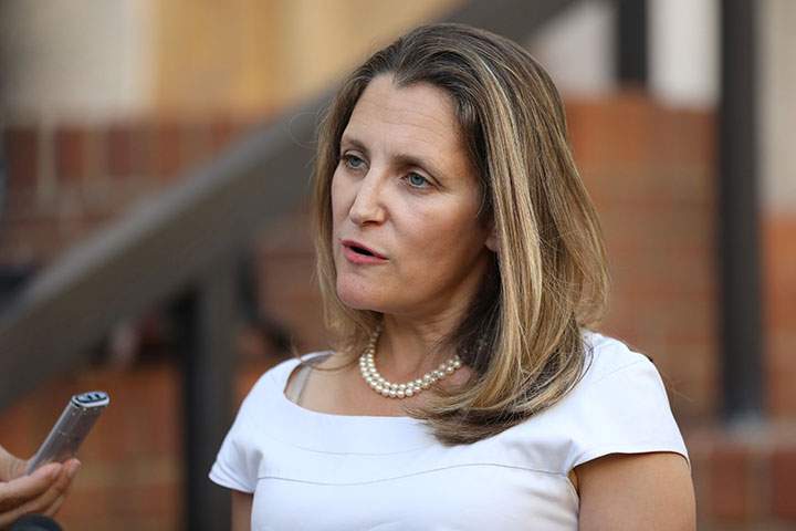 Foreign Minister Chrystia Freeland speaks to journalists outside the U.S. Trade Representative's office in Washington, August 28, 2018. 