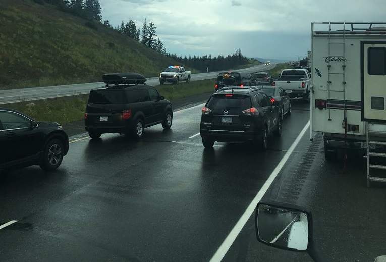 A photo posted to social media shows motorists backed up along the Coquihalla Highway on Thursday, Aug. 2.