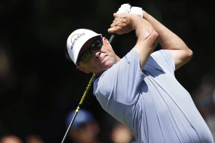 David Love III hits off the first tee during the final round of the U.S. Senior Open golf tournament at The Broadmoor Sunday, July 1, 2018, in Colorado Springs, Colo.