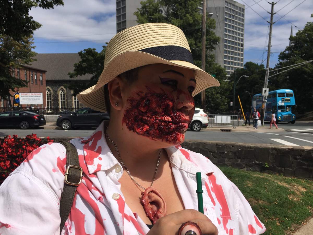 Nancy Fong told Global News she spent three hours applying her make up for the 2018 version of the Halifax Zombie Walk on Aug. 26, 2018.
