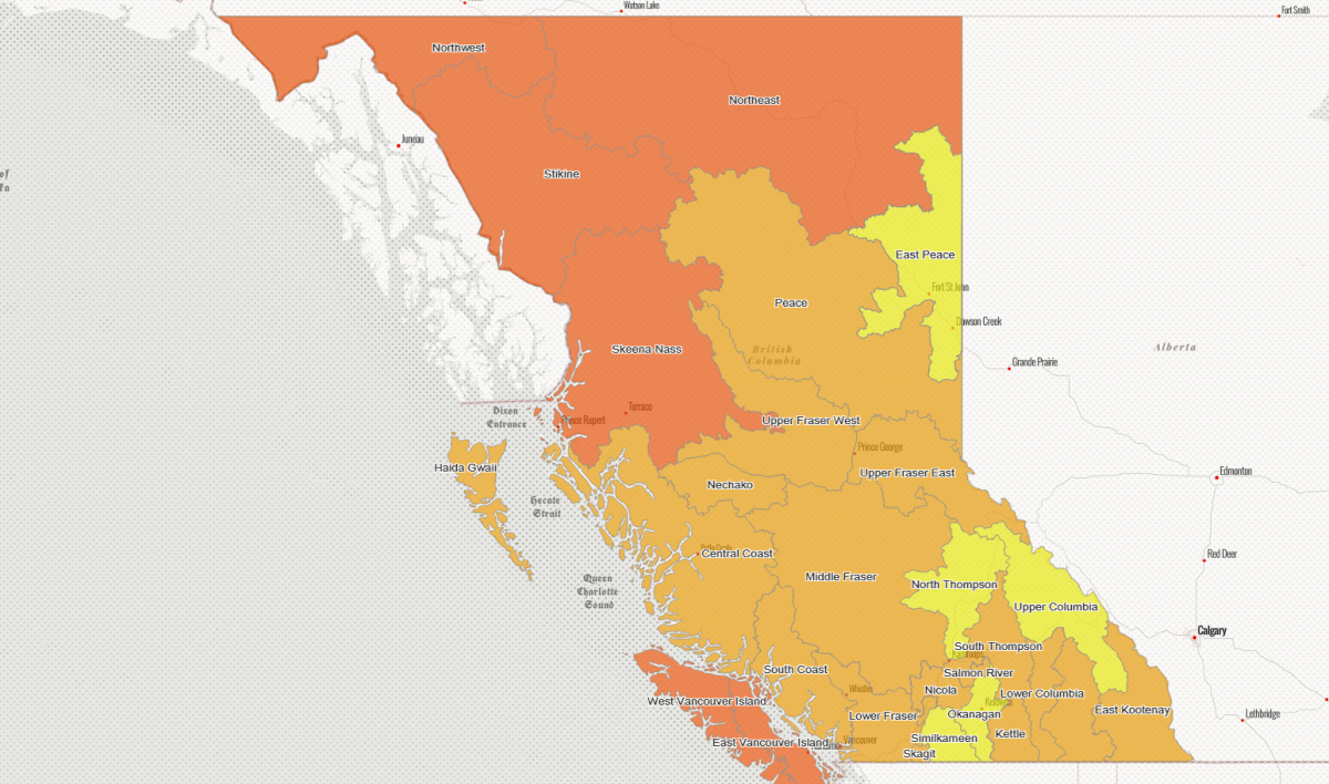 Drought levels across B.C. on Aug. 25, 2018.
